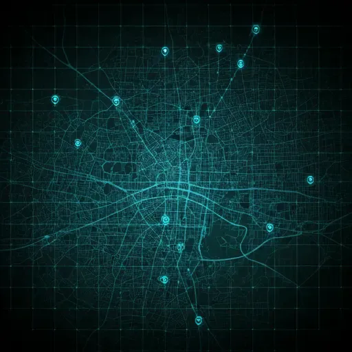 Digital grid overlay on a city map showing active flight paths