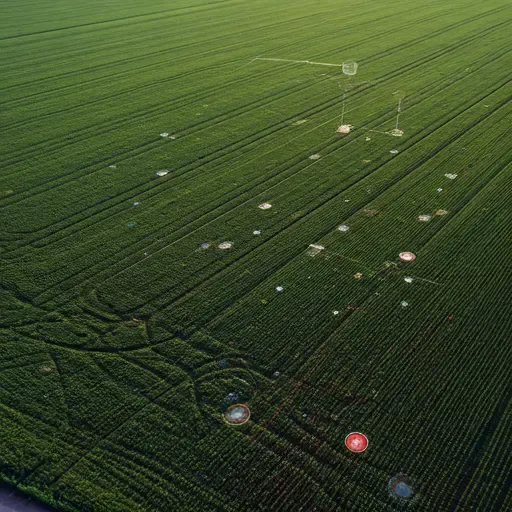 Aerial drone view of precisely planted agricultural fields with a data overlay of crop health