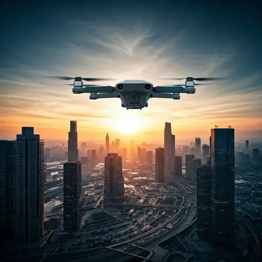 Cinematic wide shot of an industrial drone flying over a futuristic city at dawn