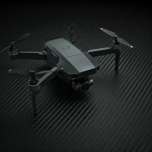 Close up of a high-tech sleek black drone with glowing blue lights