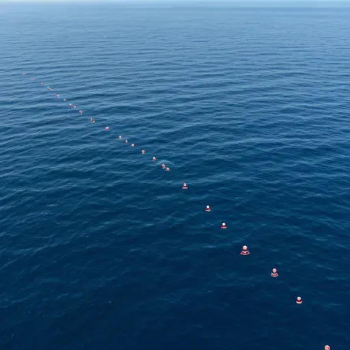 High altitude drone view of a coastline with tracking markers on naval vessels