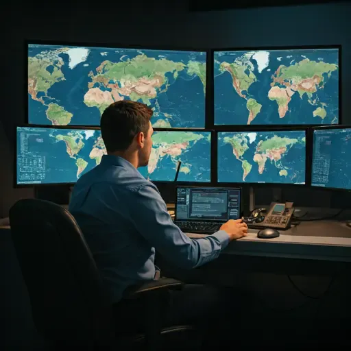 Professional drone operator in a high-tech control room with multiple monitors