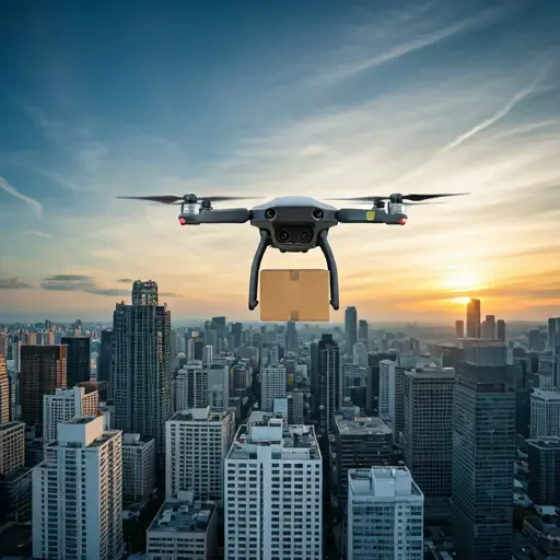 Modern drone carrying a small parcel over an urban skyline during daytime