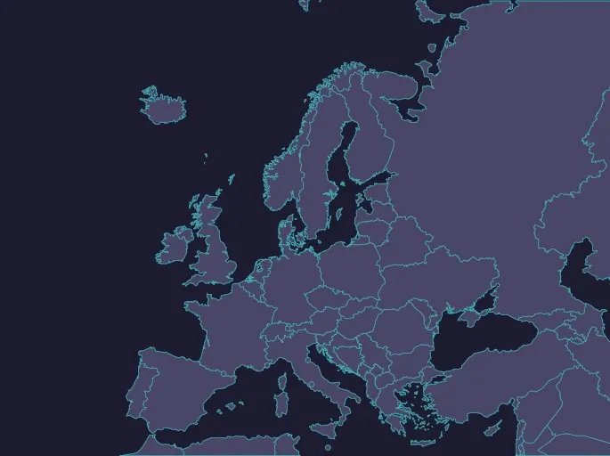 Monochrome world map outline on a dark tech background with neon connection points