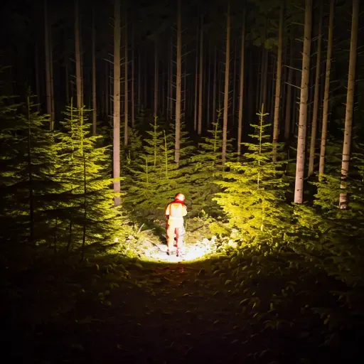 Thermal view from a drone showing rescue personnel searching a dense forest area at night